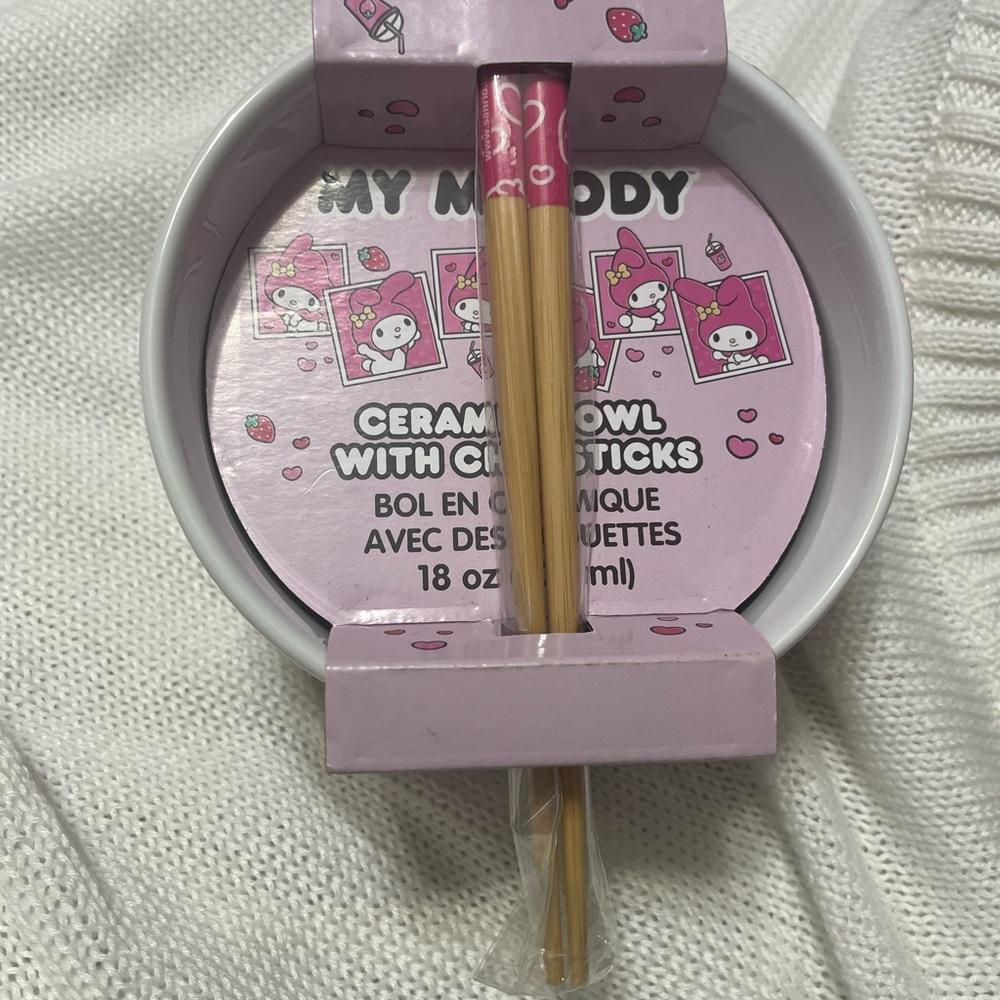 Sanrio My Melody Pink Ceramic Bowl with Chopsticks NIP